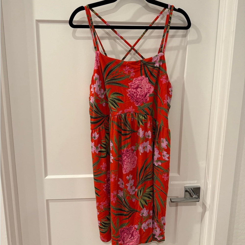 Old Navy Red Dress with Pink and Green Floral Design